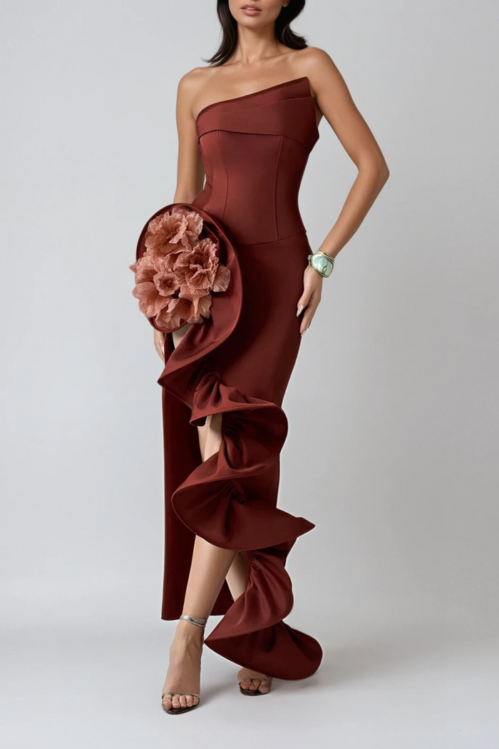 Darcie Flower Ruffle Asymmetric Maxi Dress