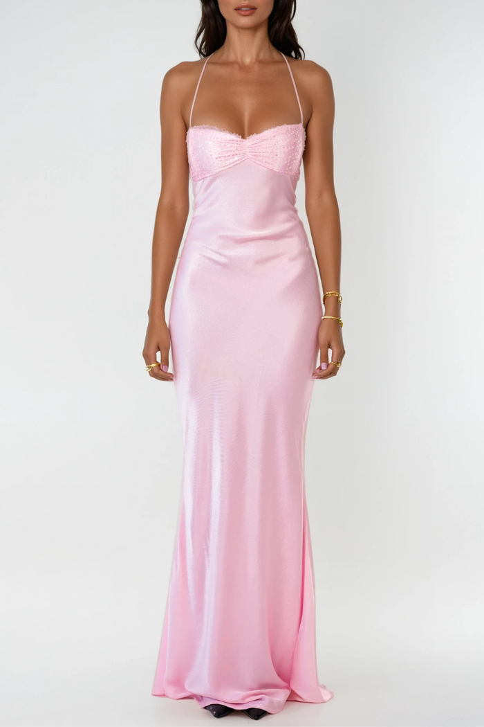 Davlat Halter Neck Sequin Satin Maxi Dress In Pink