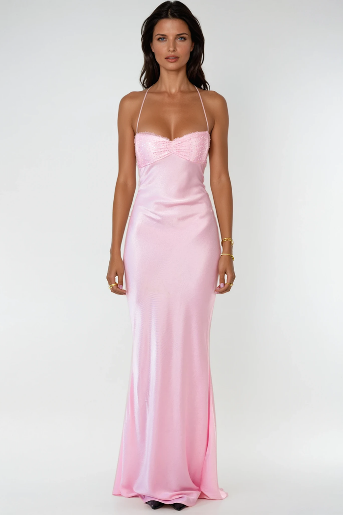 Davlat Halter Neck Sequin Satin Maxi Dress In Pink