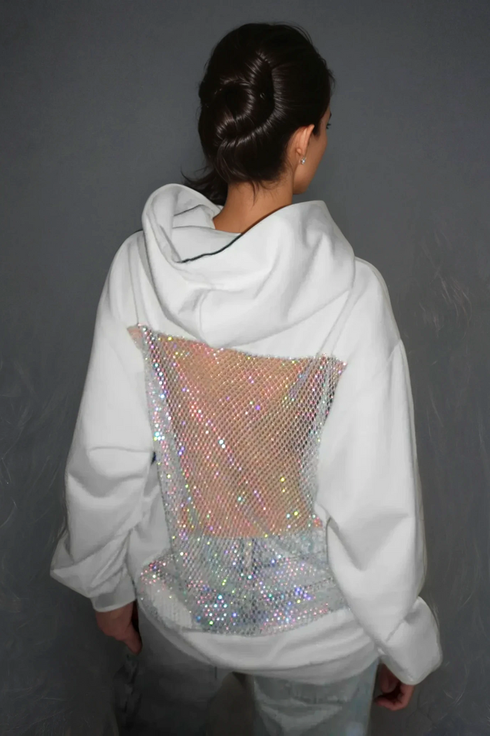 Dazhbog Hooded Rhinestone Mesh Top In White