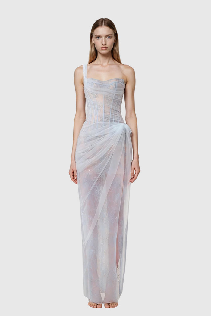 Dechen One Shoulder Corset Mesh Maxi Dress In Blue