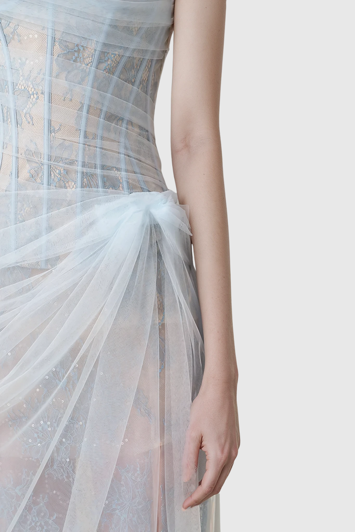 Dechen One Shoulder Corset Mesh Maxi Dress In Blue