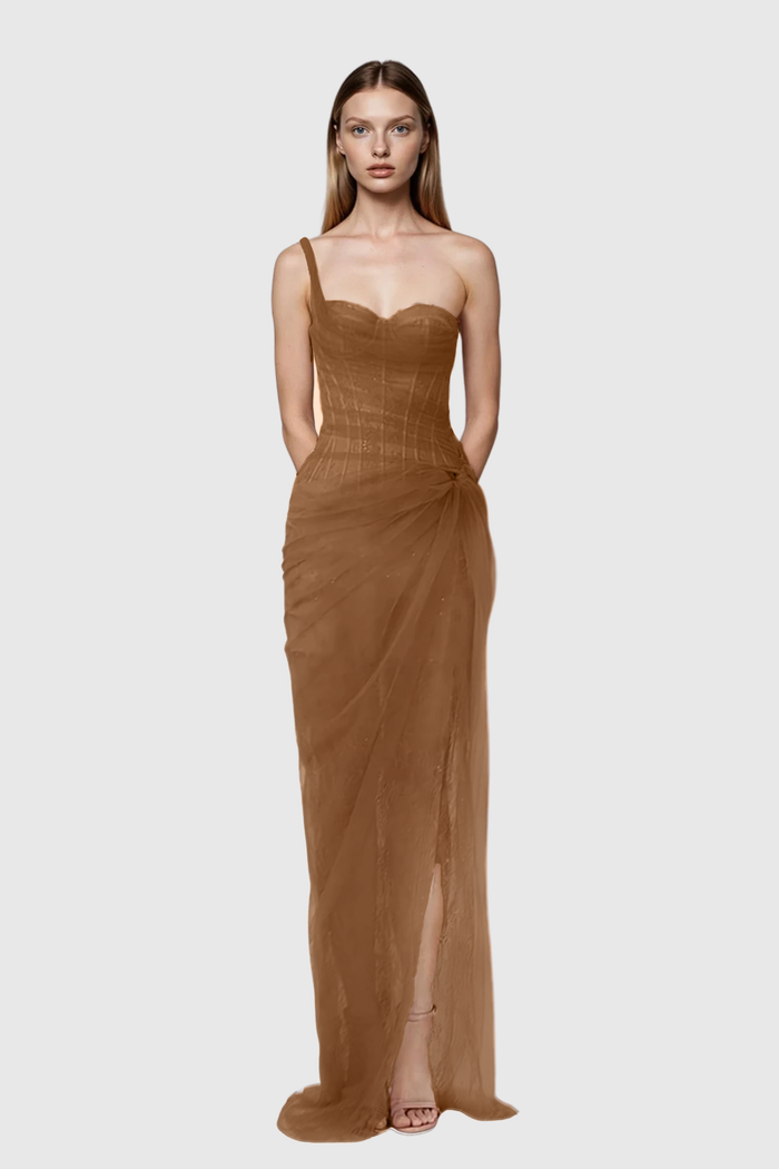 Dechen One Shoulder Corset Mesh Maxi Dress In Brown