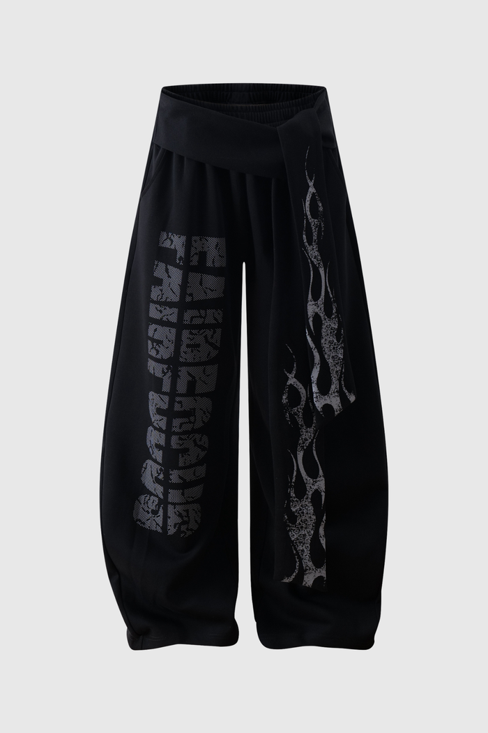 Deedee Tie Up Print Baggy Pants In Black