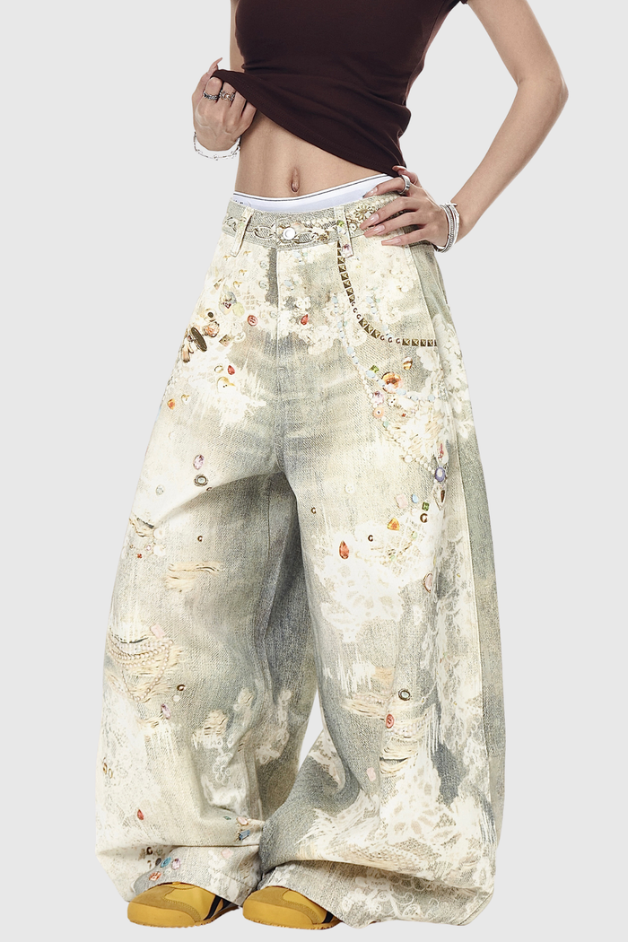 Deemer Print Bleach Dye Barrel Jeans