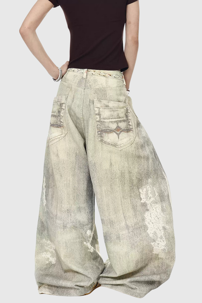 Deemer Print Bleach Dye Barrel Jeans