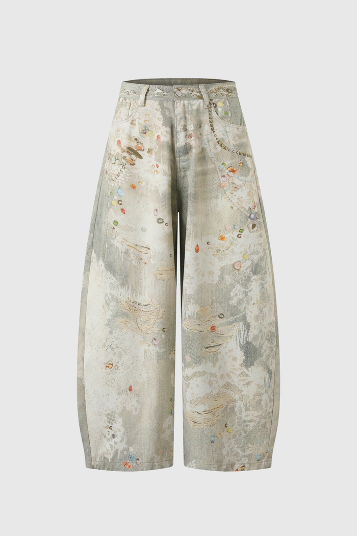 Deemer Print Bleach Dye Barrel Jeans