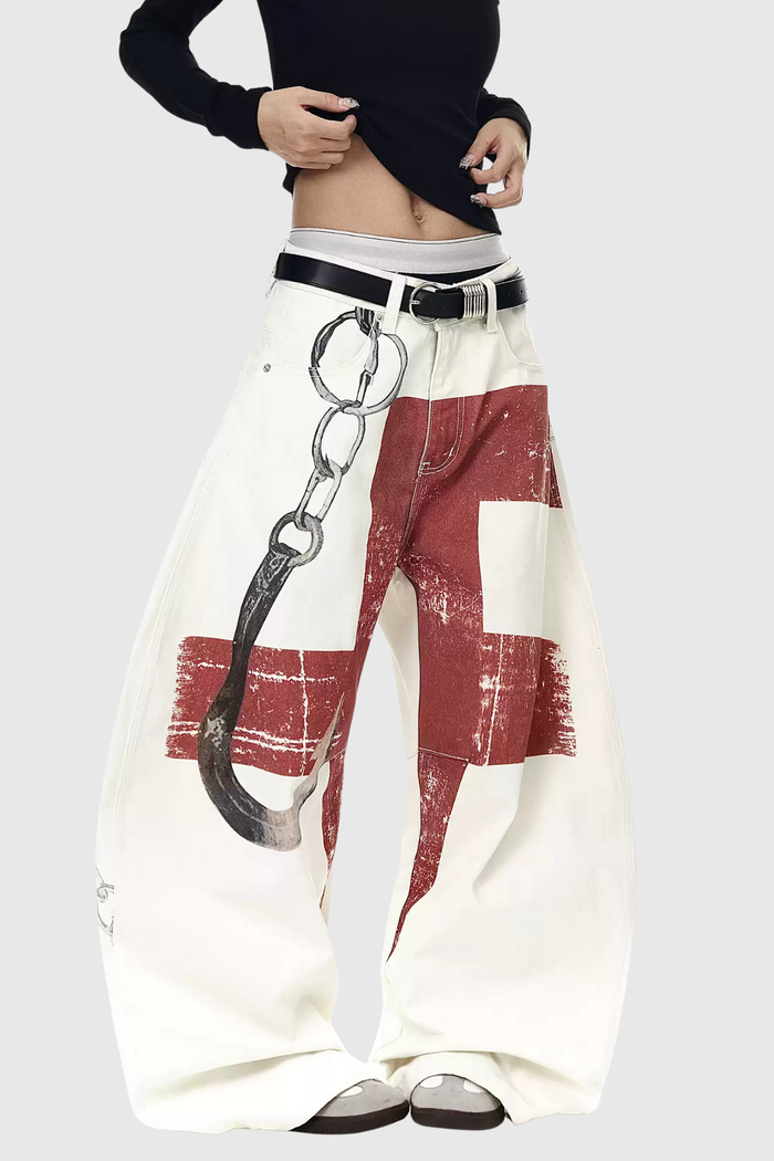 Deep Print Barrel Jeans