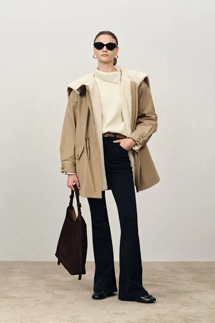 Detachable Quilted Lining Fur Collar Parka in Lightweight Blend-1
