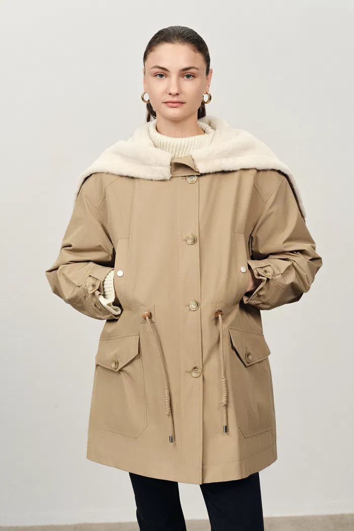 Detachable Quilted Lining Fur Collar Parka in Lightweight Blend-1
