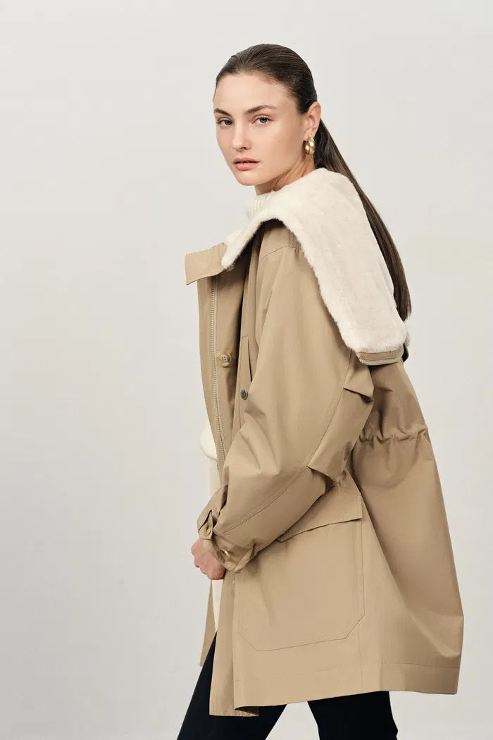 Detachable Quilted Lining Fur Collar Parka in Lightweight Blend-1