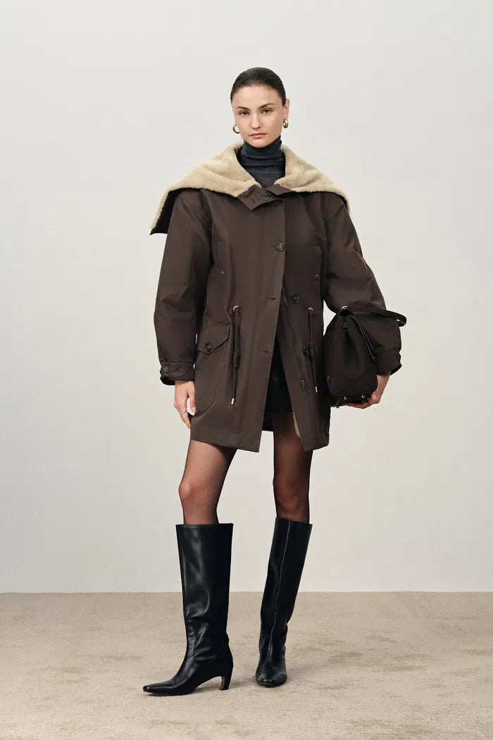 Detachable Quilted Lining Fur Collar Parka in Lightweight Blend-2