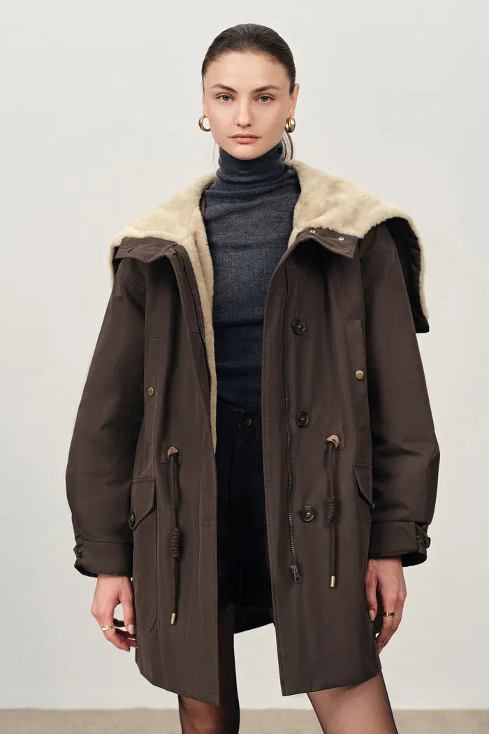 Detachable Quilted Lining Fur Collar Parka in Lightweight Blend-2
