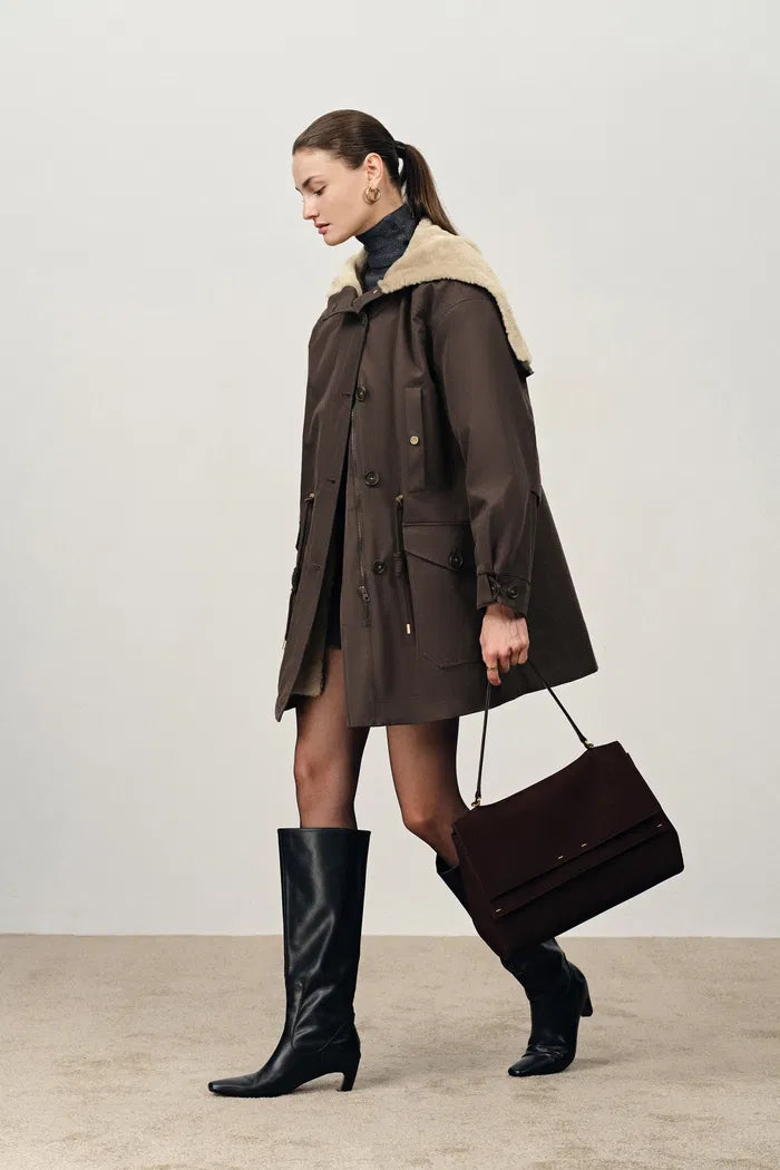 Detachable Quilted Lining Fur Collar Parka in Lightweight Blend-2
