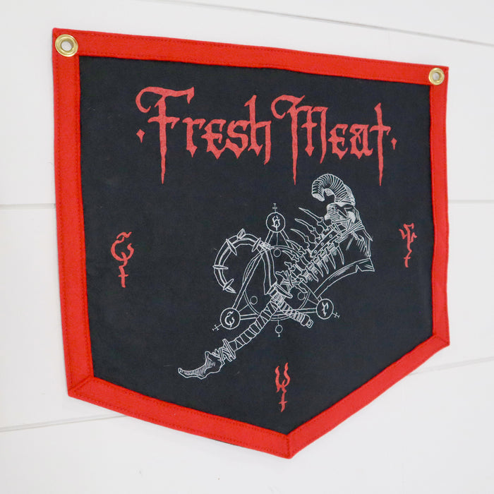 Diablo Butcher Fresh Meat Camp Flag - Hanging on a wall