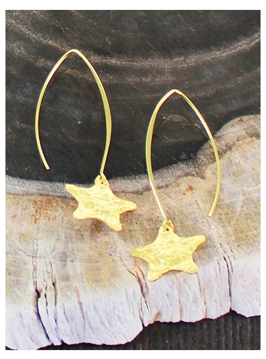 Drop Earrings with Textured Star Charm - Gold Plated
