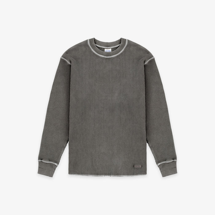 A dark gray ribbed knit long-sleeve shirt with contrasting light gray trim around the crew neck, sleeve seams, and cuffs, shown flat on a light gray background.