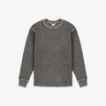 A dark gray ribbed knit long-sleeve shirt with contrasting light gray trim around the crew neck, sleeve seams, and cuffs, shown flat on a light gray background.