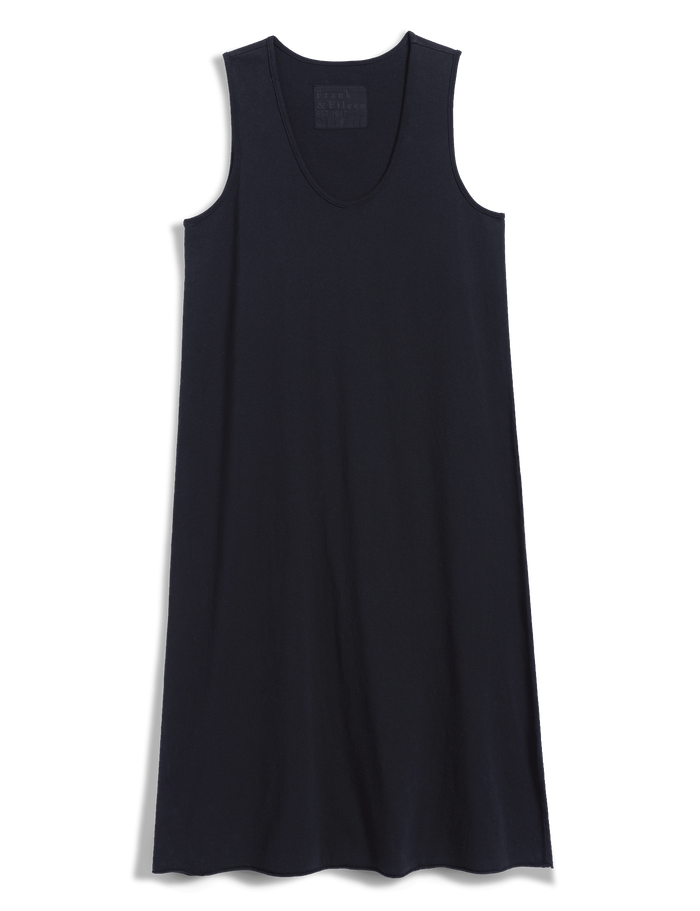 Navy sleeveless dress on a white background