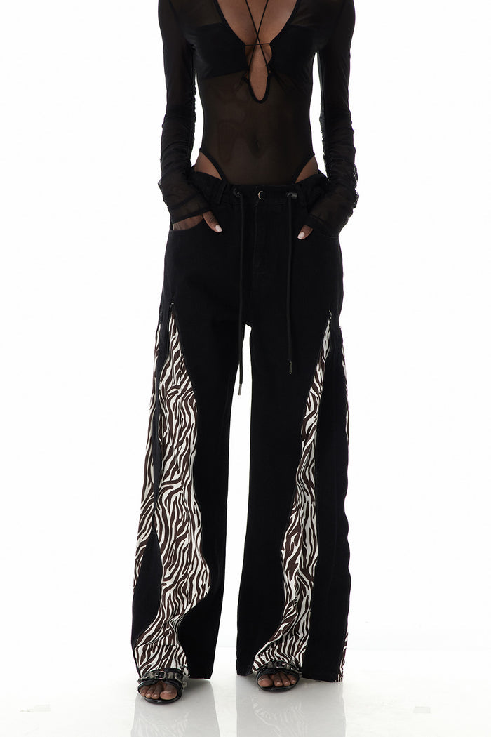 Edelmira Zebra Print Zipper Jeans In Brown