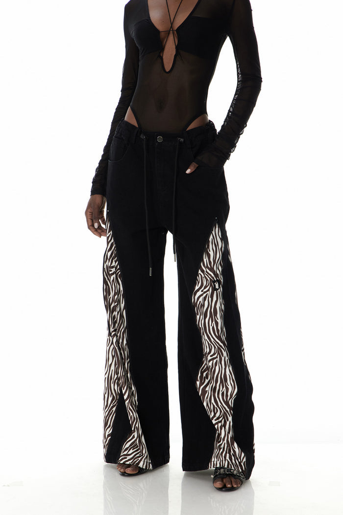 Edelmira Zebra Print Zipper Jeans In Brown