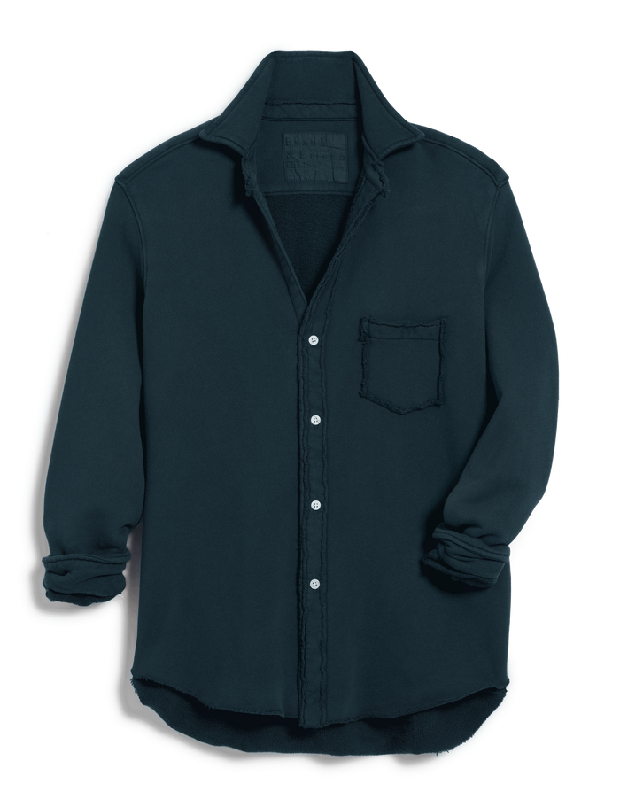 Dark blue button-up shirt with a pocket on a white background