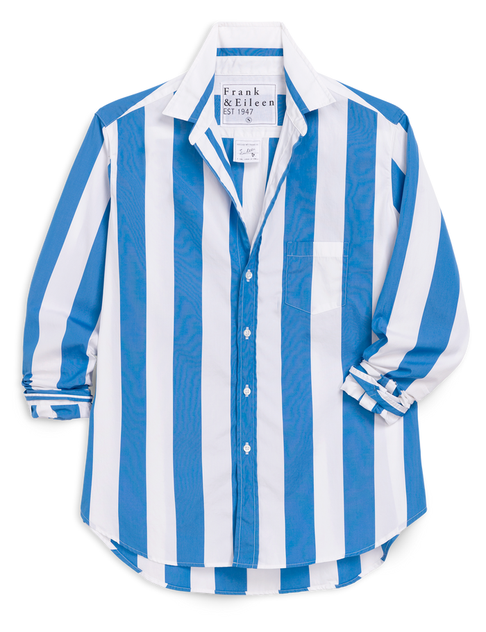 Blue and white striped shirt with brand label on a white background