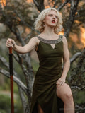 Green Celtic dress with slit front, corset back green dress with pockets and Celtic embroidered neckline