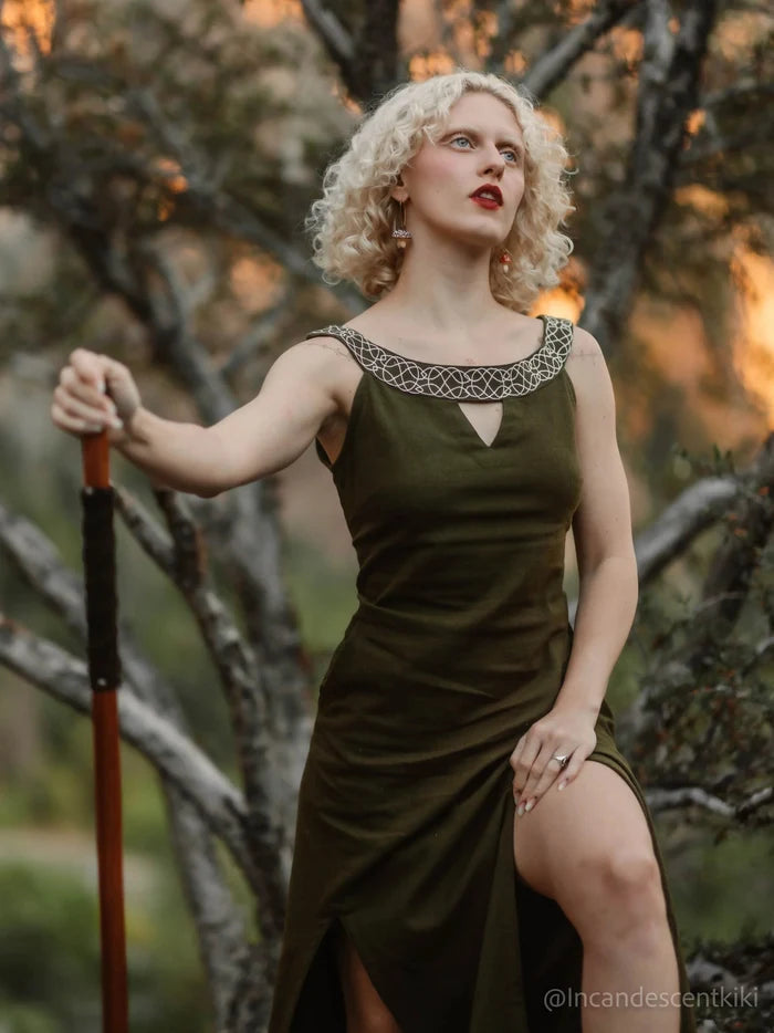 Green Celtic dress with slit front, corset back green dress with pockets and Celtic embroidered neckline