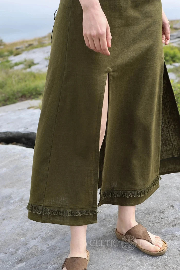 Celtic Fusion Design, Irish-designed folklore green cotton slub dress with soft fringe hem