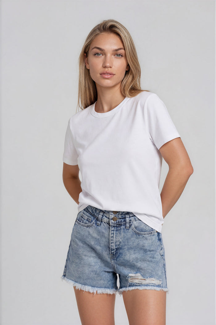 Esme Double Waistband Denim Shorts - Acid Light Wash
