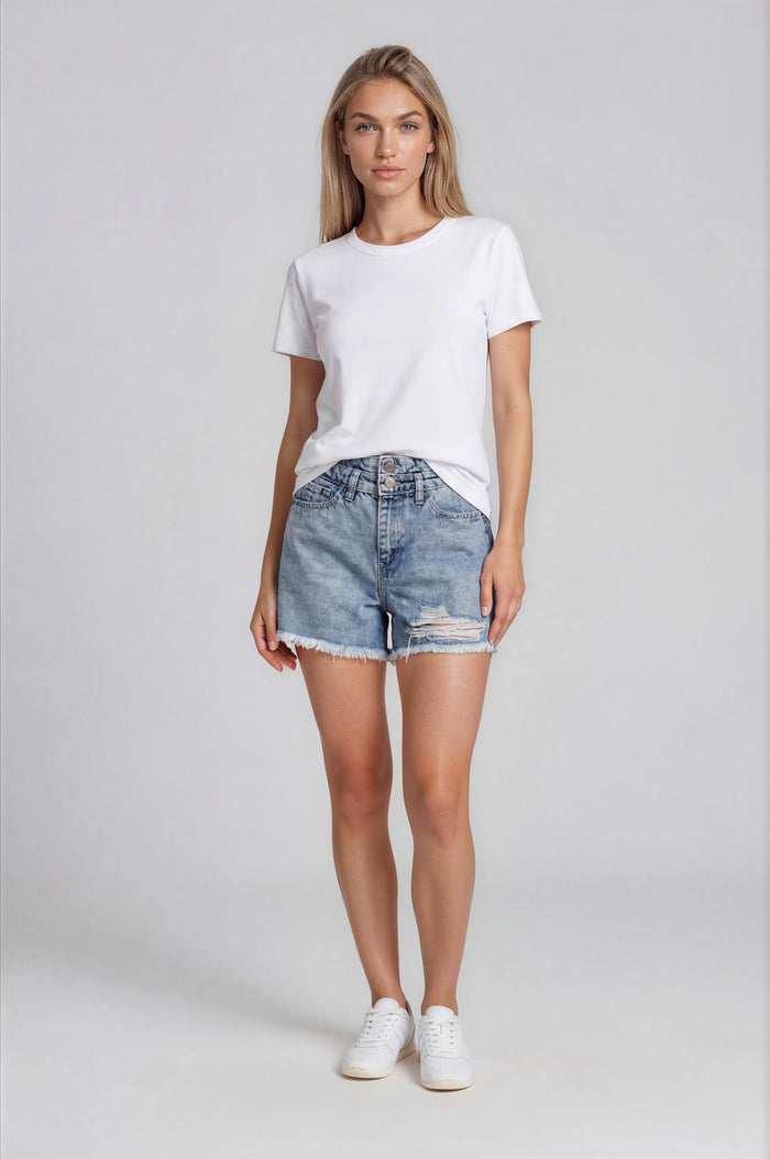 Esme Double Waistband Denim Shorts - Acid Light Wash