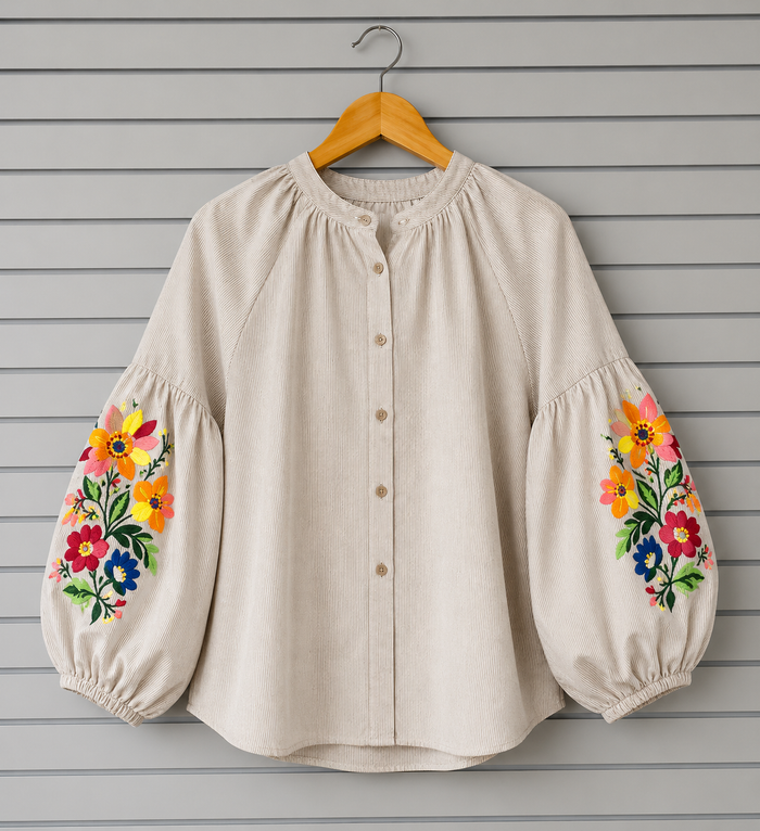Floral Puffed Sleeves Blouse - Coffee