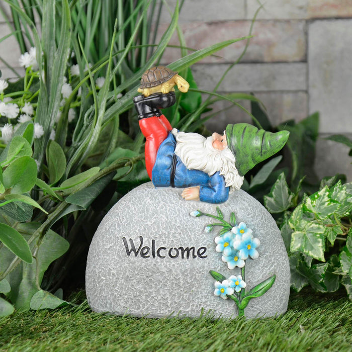 Garden Gnome On Pebble Welcome Ornament Resin Outdoor Decoration