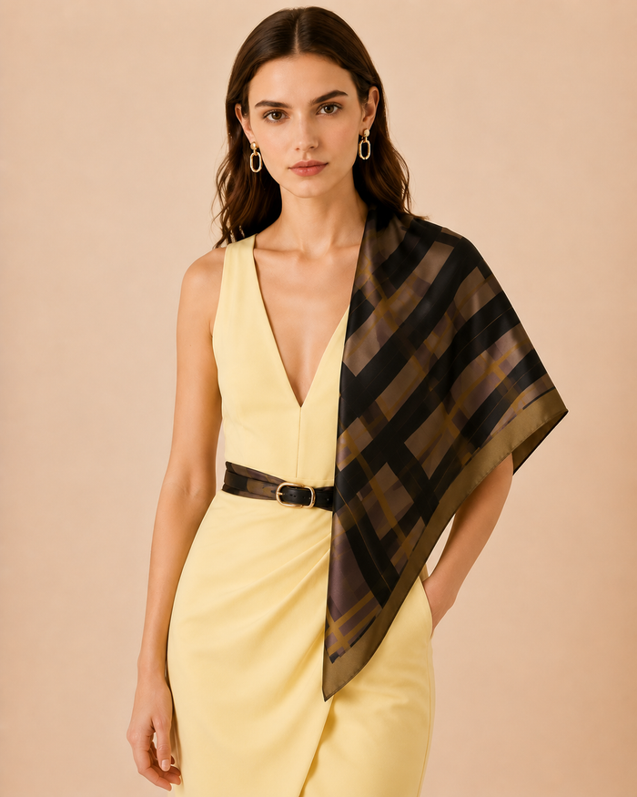 Hamida silk scarf with geometric design in brown, black, and gold