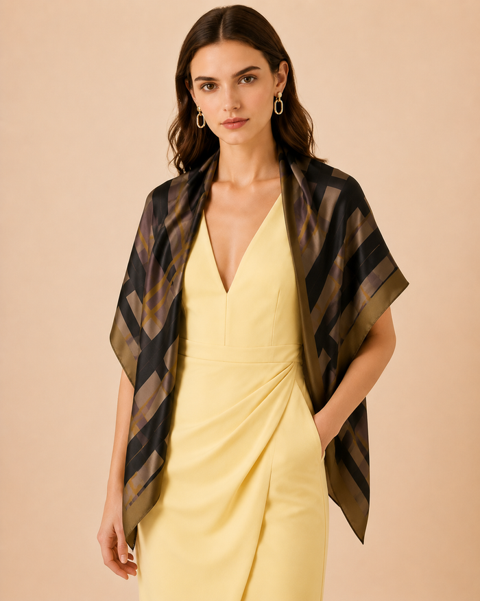 Silk scarf styled around the neck