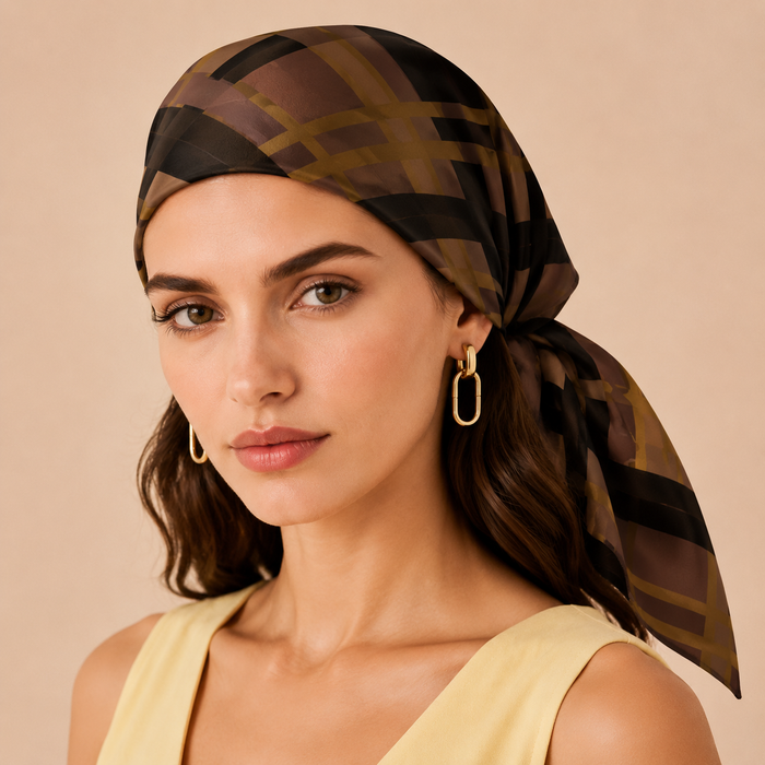 Woman wearing a patterned headscarf on a beige background