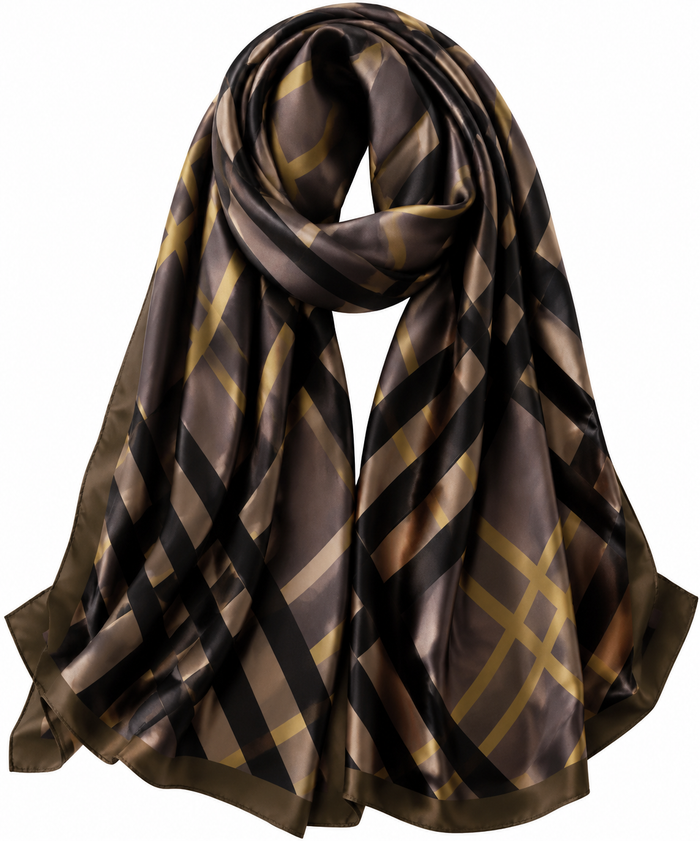 silk scarf with geometric design in brown, black, and gold