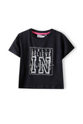 Cropped Sports T-shirt, Believe Print, Black - 1