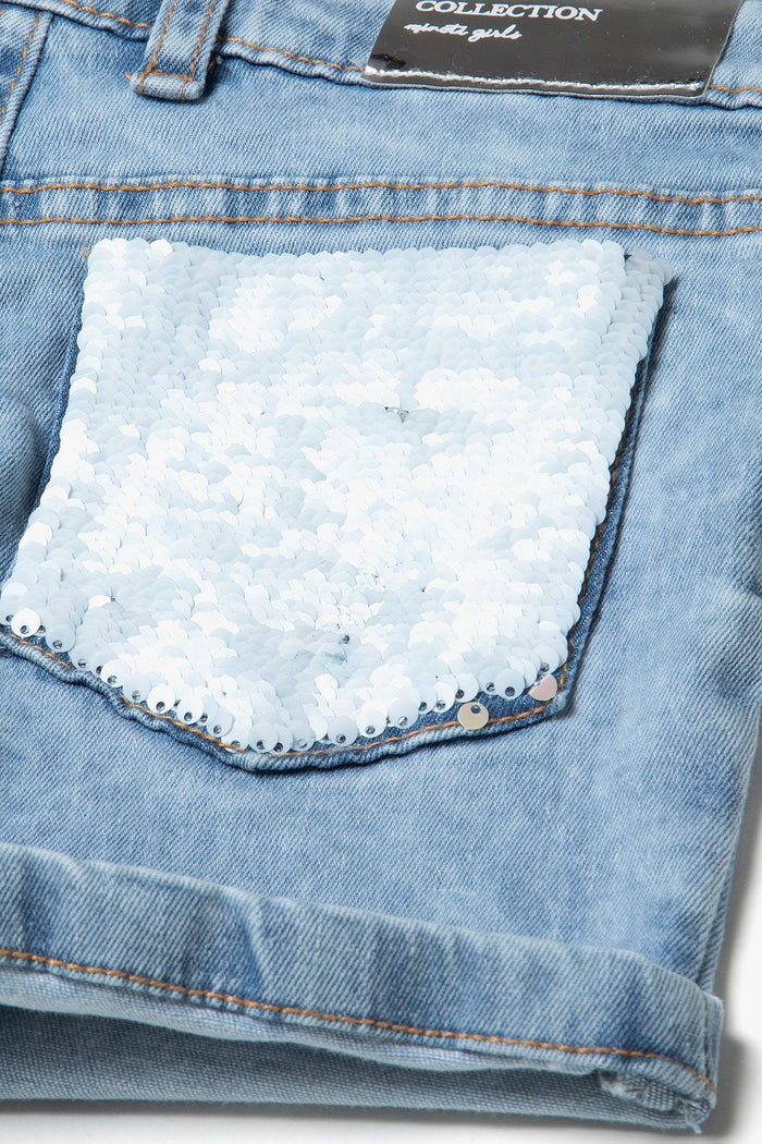Denim Shorts, Sequin Pocket, Light Blue - 6
