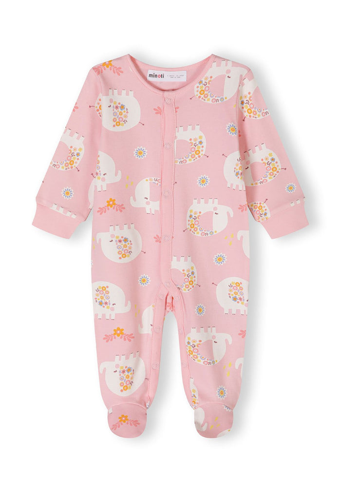 Girls long sleeve sleepsuit in pink with elephant print, front fastening.