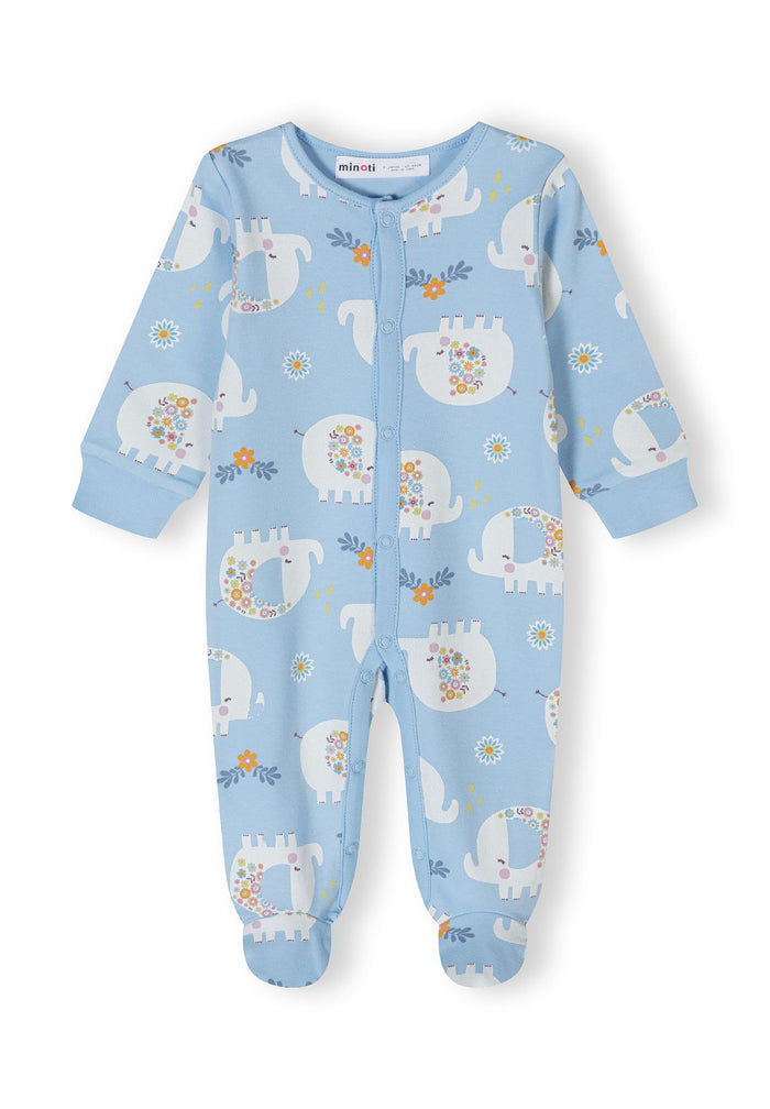 Light blue long sleeve sleepsuit with elephant print, front fastening with press studs.