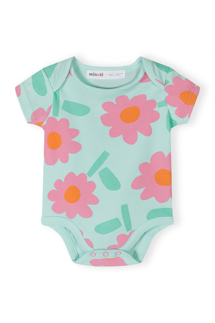 Girls short sleeve bodysuit with pink floral print, front view.