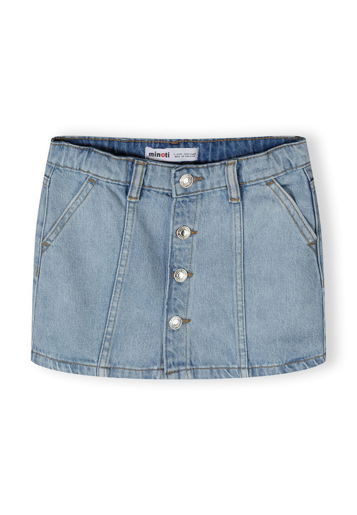 Light blue girls denim skirt, front view with button fastening and front pockets.