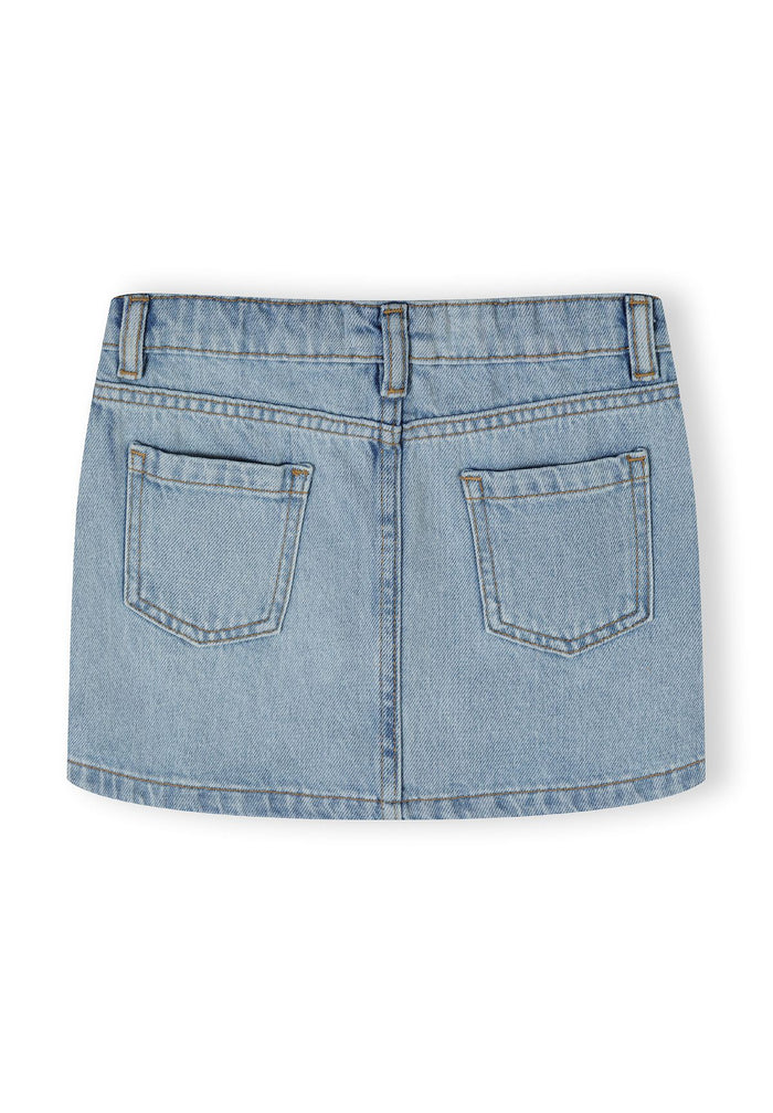 Back view of a light blue denim skirt for girls, featuring two back pockets.