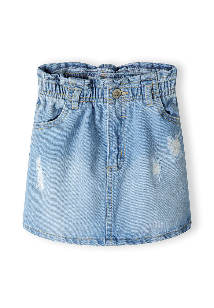 Denim Paperbag Skirt, Distressed Detail, Light Blue - 1