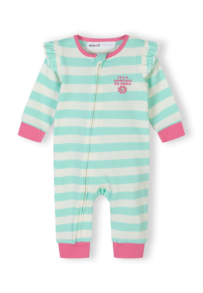 Front view of a girls' ribbed cotton sleepsuit in pastel stripes with long sleeves and a front zip.
