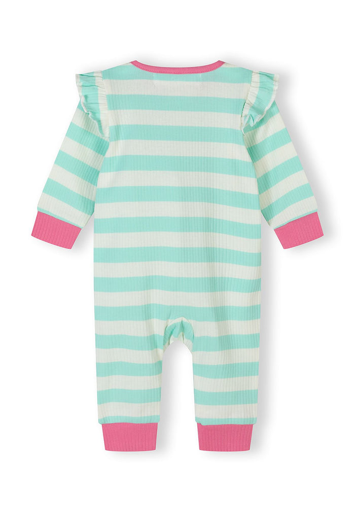 Back view of a pastel striped ribbed cotton sleepsuit for baby girls, featuring long sleeves and ruffled shoulders.