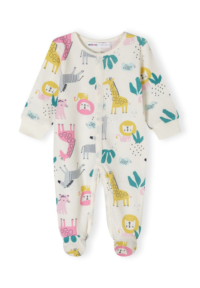 Girls' longsleeve pyjama set in cream with animal prints, front view, featuring enclosed feet and press stud fastening.