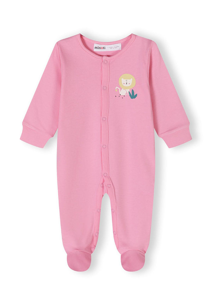 Girls' pink longsleeve pyjama set with feet, featuring a lion print and front snap fastening.